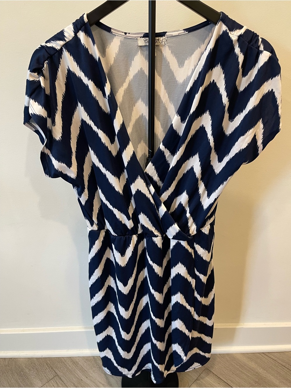 Navy and White Chevron Faux-Wrap Mini Dress size M